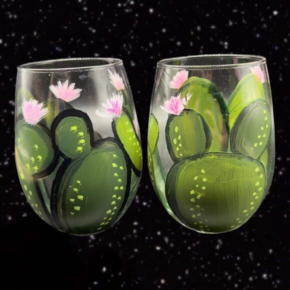 Vintage Libbey Glassware Painted Tumbler Glasses Cactus w Flowers Hand Painted 2 - Picture 1 of 9
